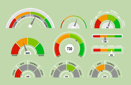 Vector illustration set of speedometers measuring icons. Indicators collection with different pointers in flat cartoon style.のイラスト素材