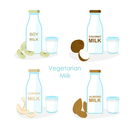 Vector illustration set of vegan milk, different vegetarian or plant based milk, coconut, soya bean and cashew milk in bottles in flat cartoon style on white background.のイラスト素材