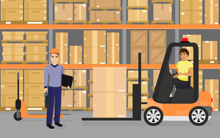 Vector illustration of warehousing, goods and boxes on shelves in the warehouse and team of workers, transport and logistic concept in flat cartoon style.のイラスト素材