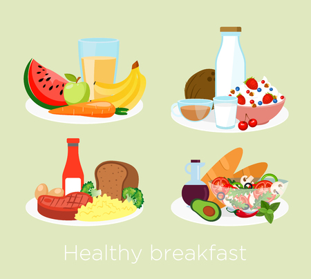 Vector illustration set of different breakfast, food icons. Milk, orange juice, fruits, meat, coffee, bread and salad, oatmeal, yogurt in cartoon flat style, healthy food concept.のイラスト素材