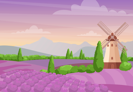 Vector illustration of beautiful colorful landscape with windmill on the lavender fields. Lavender landscape with mountains and sunset. Provence concept in flat styleのイラスト素材