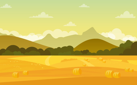 Vector illustration of autumn landscape with fields and mountains at sunset with beautiful sky in pastel colors in flat cartoon styleのイラスト素材