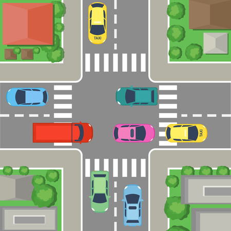 Vector illustration of street crossing in city. street top view with cars and roads, houses and trees. Crossroad concept in flat cartoon styleのイラスト素材