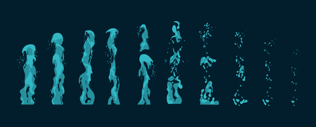 Vector illustration set of water geysers, fountains and spray eruption stages for animation or game. Geysers in different shape isolated on dark background in flat styleのイラスト素材