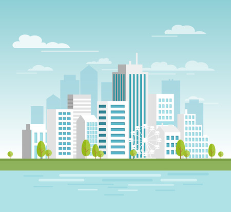 Vector illustration of modern urban cityscape with white skyscrapers, eco city with big modern buildings for your design, banners. City in flat cartoon styleのイラスト素材