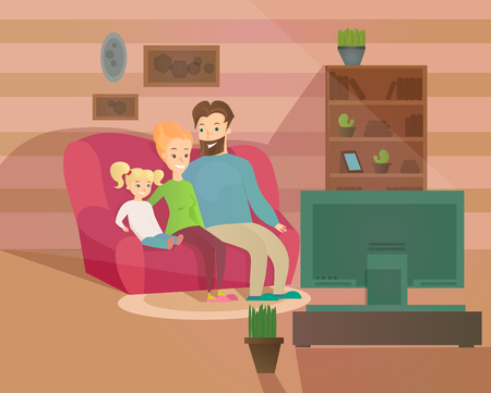 Vector illustration of happy family evening. Mother, father and kid watching television sitting on the couch at home, cozy interior in flat cartoon styleのイラスト素材