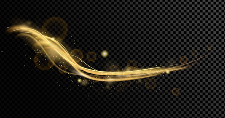Vector illustration of golden dynamick lights linze effect with srarcles isolated on transparent background. Abstract background for science, futuristic, energy technology concept. Digital image lines with light, speed backgroundのイラスト素材
