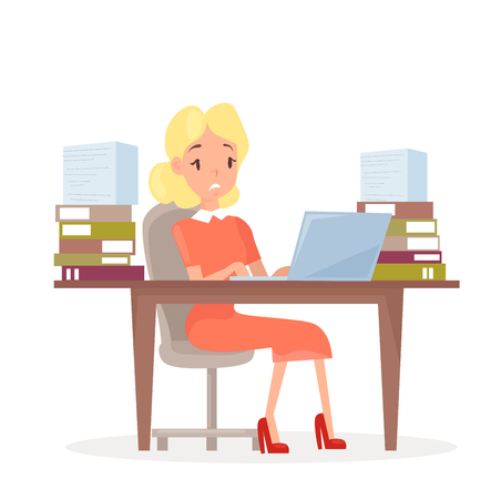 Vector illustration of working business woman at the desk with laptop and lot of papers. Woman in office in stress. Manager tired and working on computer, stressed girl in cartoon flat styleのイラスト素材