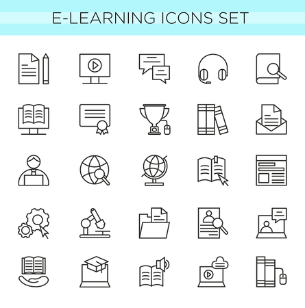 Vector illustration set of E-learning line icons, online education elements in thin line elegant style. minimal web icon collection isolated on white backgroundのイラスト素材