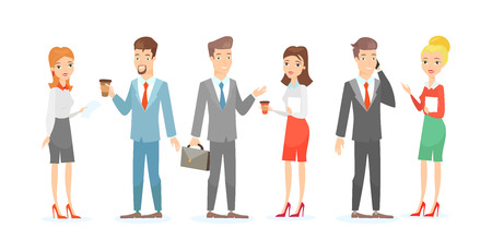 Vector illustration set of business people with documents and gadgets, businessman and businesswoman talking. Business people characters isolated on white background in flat cartoon styleのイラスト素材