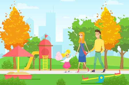 Vector illustration of young family with kid and dog walking in the park with playground. Parents with daughter and dog in summer park with city landscape in cartoon flat styleのイラスト素材