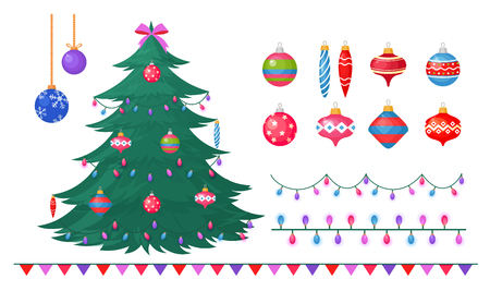 Vector illustration of Christmas tree with different decorations, greetings concept, decorete your christmas tree by colorful baubles, gift boxes, garlands. Elements for decoration christmas tree isolated on white background in flat styleのイラスト素材