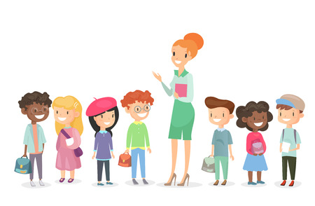 Vector illustration of schoolchildren group with teacher standing together. Boys and girls together with woman teacher on white background in cartoon flat styleのイラスト素材