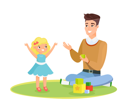 Vector illustration of father and young daughter playing on the carpet with toys, daddy and kid, happy daddy s day concept. Happy child and father playing together, isolated on white background in cartoon flat styleのイラスト素材