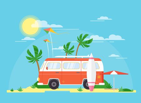 Vector illustration of surfing bus with a surfing board on palm beach. Tourism, summertime concept. Travel trailer in vintage pink color, summer coast in flat cartoon style.の写真素材