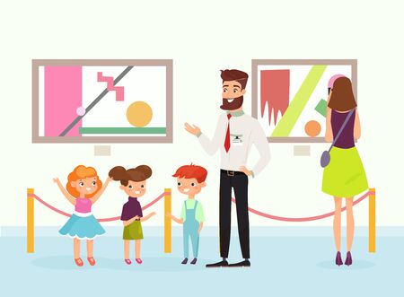 Vector illustration of cute cartoon kids in art gallery, looking on the pictures, listening guide in art museum. People admire paintings gallery. Flat style.のイラスト素材