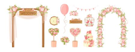 Wedding party flower decoration items. Cartoon bunch of flowers, holiday bouquet, arch, cake, doves greeting card, poster design elements. Ceremony decor, marriage, engagement celebration itemsのイラスト素材