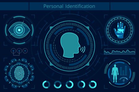 Personal identification flat vector illustration. AI technology research. Neural network, machine learning concept. Smart recognition system, fingerprint, palm print and eye scan. Artificial intelligence.のイラスト素材