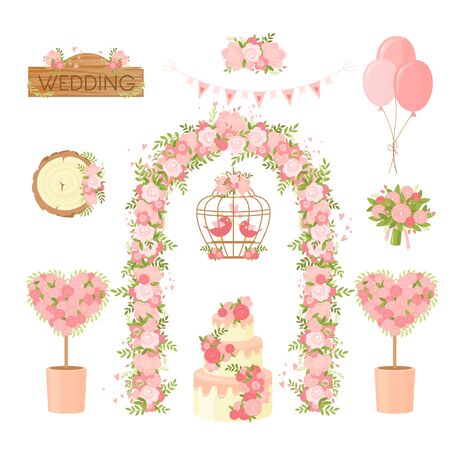 Wedding party flower decoration items. Cartoon bunch of flowers, holiday bouquet, arch, cake, doves greeting card, poster design elements. Ceremony decor set, marriage, engagement celebration items collection.のイラスト素材