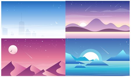 Set of different landscapes. Mountain landscape flat vector illustration. Picturesque mountains, river and trees in evening. Hills skyline scenery, mountains horizon, flying birds over lake. Mountaineering and travelingのイラスト素材