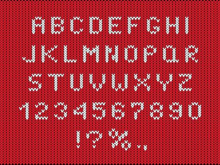 Christmas season font flat vector illustration. Knitwear stylized letters and numbers set. Winter alphabet with numerals and symbols. Decorative white typography on red knit fabric textureのイラスト素材