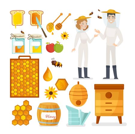 Apiarists, bees and honey flat vector illustrations setのイラスト素材