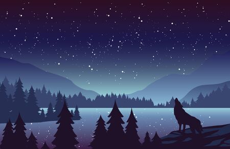 Wolf in mountains landscape flat vector illustration. Night nature scenery with fir trees and hills...