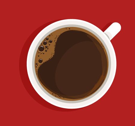 Espresso in white cup top view realistic illustration. Fresh americano hot beverage. Invigorating morning drink in ceramic mug. Strong black coffee without milk isolated on red backgroundのイラスト素材