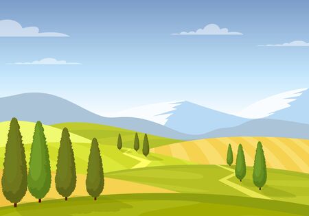 Fields and meadows colorful rural landscape vector illustration. Beautiful countryside view. Farmland, agricultural scenery background. Cultivating wheat and grain. Village land sceneのイラスト素材