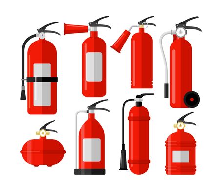 Fire extinguishers colorful flat vector illustrations set. First alert, emergency. Fire protection equipment. Flame prevention tools pack isolated on white backgroundのイラスト素材