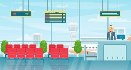 Airport waiting room interior flat vector colorful illustration. Departure lounge with chairs and flight departures board. Modern terminal hall. Check in desk with stewardess, air hostess.のイラスト素材