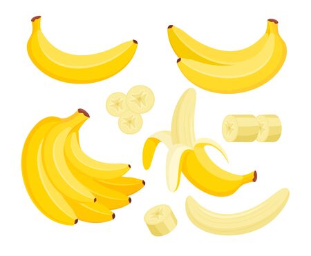 Yellow banana colorful flat vector illustrations set. Exotic, tropical fruit isolated on white background. Peeled and sliced and whole banana. Fresh vegetarian healthy food with vitaminsのイラスト素材