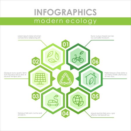 Modern ecology infographic template colorful vector illustration. Sustainable, renewable solar and wind energy, low-emission methods of producing electricity, recycling, zero waste bannerのイラスト素材