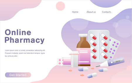 Vector illustration of online pharmacy concept. Medical supplies, bottles liquids, pills with place for text. Drug store web page template, pharmacy purchasesのイラスト素材