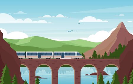 Speed train on stone bridge flat vector illustration. Modern railroad vehicle on scenic background. Beautiful landscape with contemporary public transport, green hills and mountains. Railway travelのイラスト素材