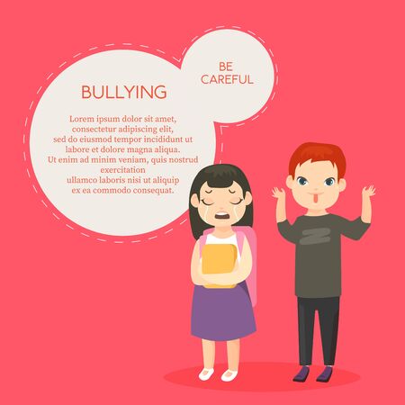 Bullying vector banner template with text space. Psychological abuse, school conflict flat illustration. Schoolchildren, teasing boy and crying girl cartoon characters isolated on pink backgroundのイラスト素材