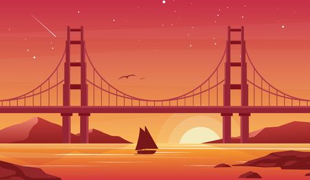 Bridge and boat at sunset flat vector illustration. Beautiful San Francisco landscape, pleasure boat with Golden Gate bridge on background. Sailboat silhouette at dusk. Picturesque evening viewのイラスト素材