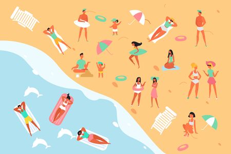 Summertime relax people on sea, ocean beach flat design vector graphic illustration concept. Vacation, summer travel poster top view girl, woman, man, water, umbrella, sunbathing, children, swimmingのイラスト素材