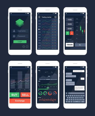 Trading mobile app interface template set. Smartphone applications variety, modern software demonstration. Mobile phone displays, cellphone screens collection isolated on blue backgroundのイラスト素材
