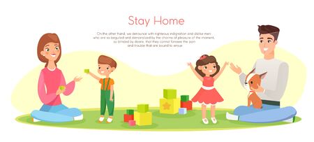 Vector illustration happy family stay together at home. Family time. Mother and father playing with kids and having fun together, web template in cartoon flat styleのイラスト素材