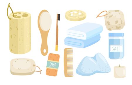 Eco bath accessories vector illustration set. Cartoon flat zero waste bathroom collection with wooden comb or toothbrush, loofah sponge, natural sea salt, soap accessory icons isolated on whiteのイラスト素材