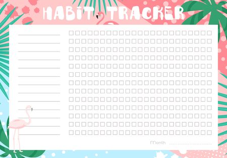 Habit tracker vector illustration. Cartoon flat monthly planner journal blank for tracking habitual activity, list for daily goal achievements in tropical floral design with green leaves and flamingosのイラスト素材