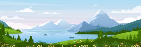 Mountain lake landscape vector illustration. Cartoon flat panorama of spring summer beautiful nature, green grasslands meadow with flowers, forest, scenic blue lake and mountains on horizon backgroundのイラスト素材
