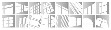 Window light vector illustration set. Sunlight reflection of window frames of square, round shape or in perspective. Day lighting overlay effect on room wall, ceiling or floor mockup design backgroundのイラスト素材