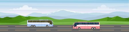 Traveling by bus vector illustration. Cartoon flat tourist buses with travelers drive along road towards trip adventure. Travel agency commercial advertising, summer vacation tourism backgroundのイラスト素材