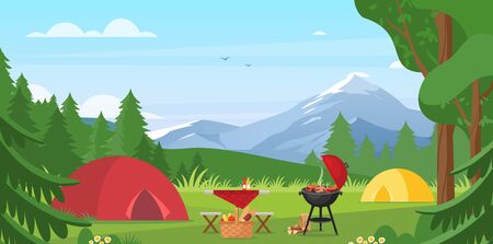 Cartoon flat tourist camp with picnic spot and tent among forest, mountain landscape view, sunny day. Summer camping vector illustration. Outdoor nature adventure, active tourism backgroundのイラスト素材