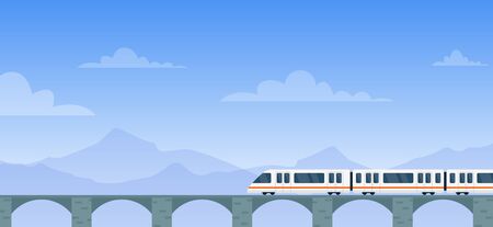 Travel by train vector illustration. Cartoon flat modern electric express train with travelers traveling by rail road on railway bridge to next station. Mountain landscape adventure backgroundのイラスト素材