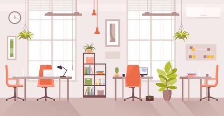 Office workplace vector illustration. Cartoon flat modern corporate room interior, desk table for officer employee work with computer or laptop, coworking place front view. Workspace design backgroundのイラスト素材