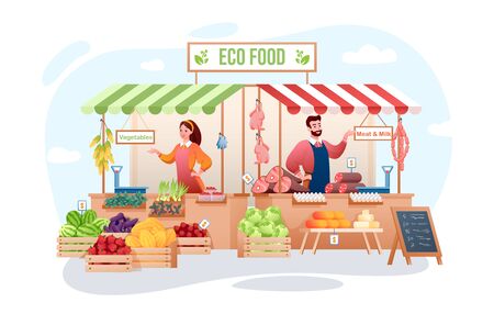 Farm market vector illustration. Cartoon flat happy man woman seller characters working, farmer people selling organic meat, eco vegetables and fruits. Agribusiness, farming business isolated on whiteのイラスト素材