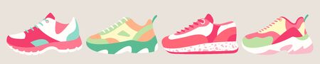 Snickers shoes vector illustration. Cartoon flat fitness sneakers shoes for sport training in gym, running, outdoor adventure, casual footwear shoe for man and woman foot. Fashion footgear collectionのイラスト素材